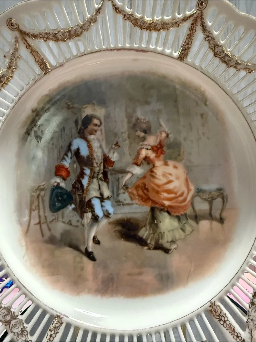 Antique RM Bavaria 9.5” Porcelain Courting Couple Plate Reticulated Gold Gilt